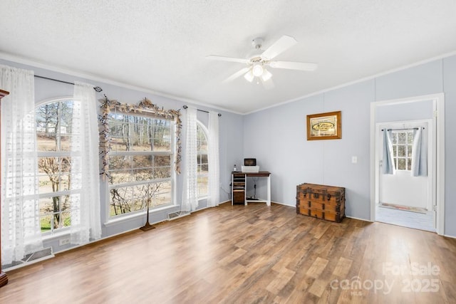 interior space featuring ceiling fan, hardwood / wood-style floors, ornamental molding, and a wealth of natural light