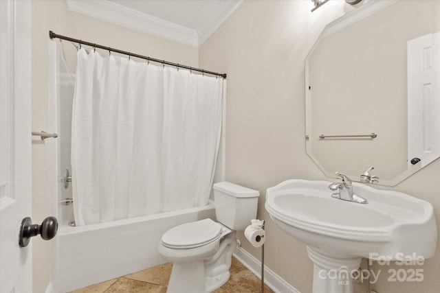 full bathroom with a sink, shower / bath combo with shower curtain, toilet, and crown molding