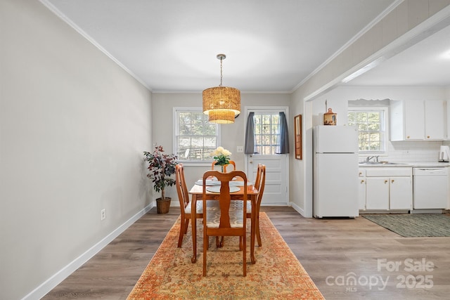 dining area with a healthy amount of sunlight, light wood-style floors, baseboards, and crown molding