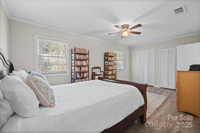 bedroom featuring ornamental molding, multiple windows, wood finished floors, and multiple closets