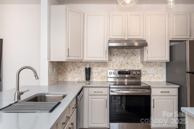 kitchen featuring white cabinetry, appliances with stainless steel finishes, sink, and backsplash