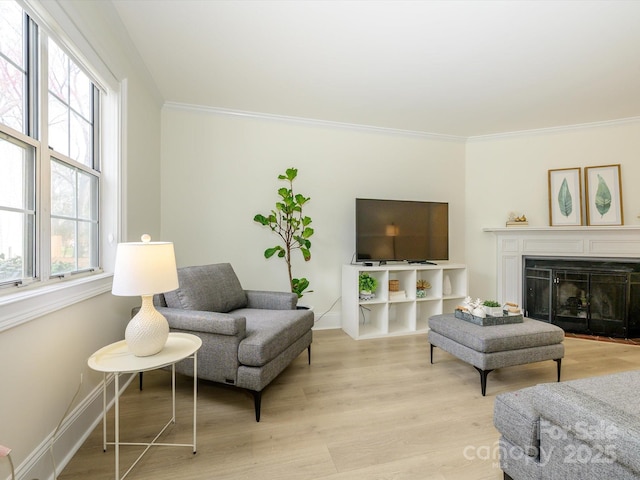 living room with light wood-style floors, a fireplace, crown molding, and baseboards