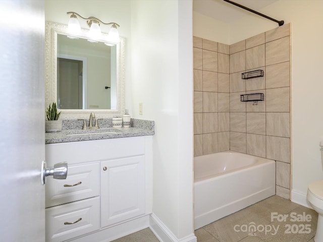 full bath featuring baseboards, shower / bathing tub combination, vanity, and toilet