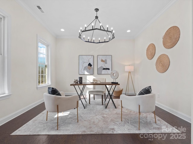 office space with crown molding, recessed lighting, visible vents, wood finished floors, and baseboards