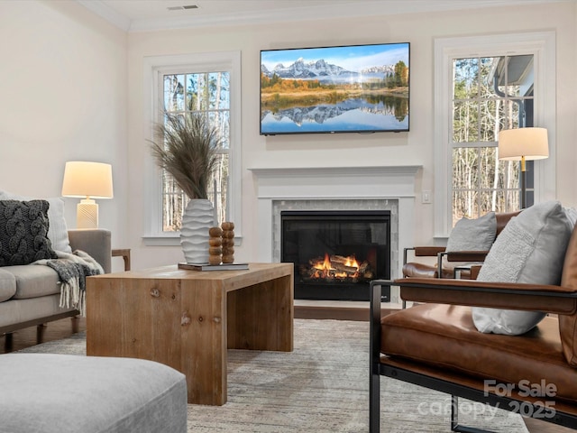 living area featuring ornamental molding, wood finished floors, a wealth of natural light, and a glass covered fireplace