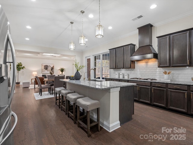 kitchen with dark wood-style floors, light stone countertops, stainless steel appliances, premium range hood, and a sink