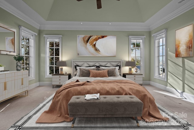 bedroom featuring light carpet, a raised ceiling, and crown molding