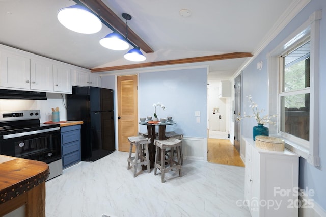 kitchen with vaulted ceiling with beams, under cabinet range hood, white cabinetry, stainless steel electric range, and freestanding refrigerator