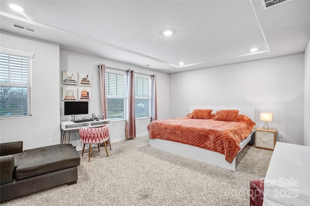 bedroom with recessed lighting, carpet flooring, visible vents, and baseboards