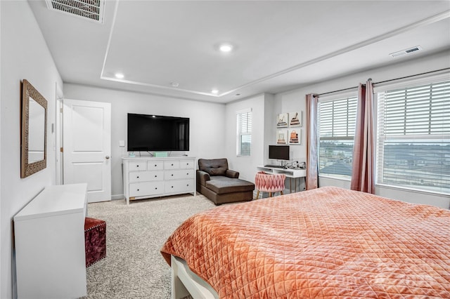 bedroom featuring light colored carpet, visible vents, and recessed lighting