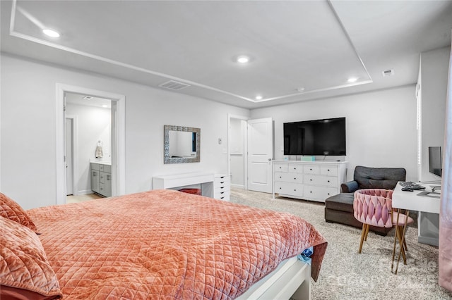 bedroom with light colored carpet, visible vents, and recessed lighting