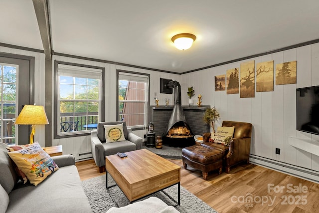 living room featuring a wood stove, light hardwood / wood-style floors, baseboard heating, and ornamental molding