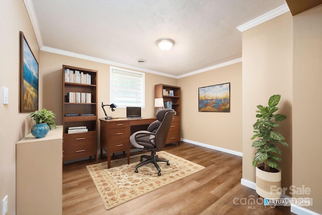 office with light wood-type flooring, ornamental molding, and baseboards