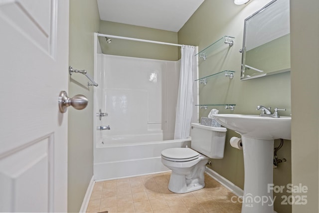 bathroom featuring shower / tub combo with curtain, toilet, and tile patterned floors