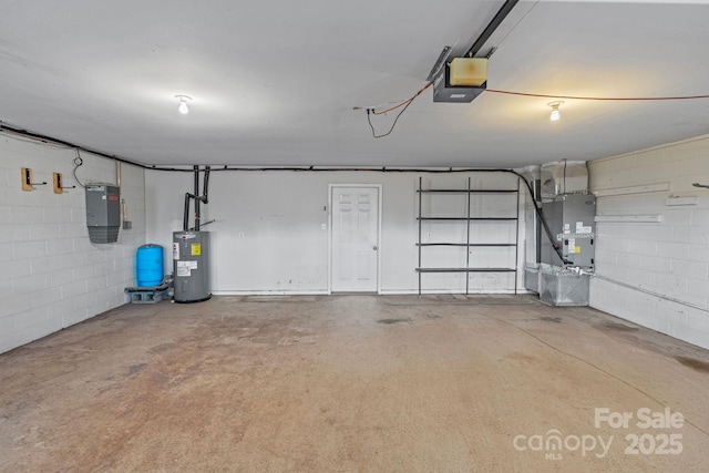 garage featuring a garage door opener, heating unit, electric water heater, and electric panel