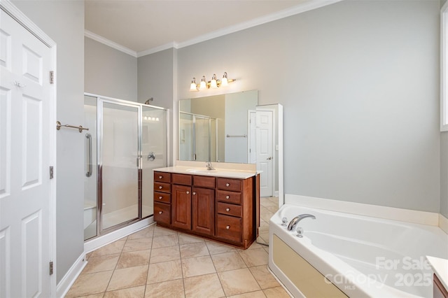 full bathroom featuring a bath, a stall shower, crown molding, and vanity