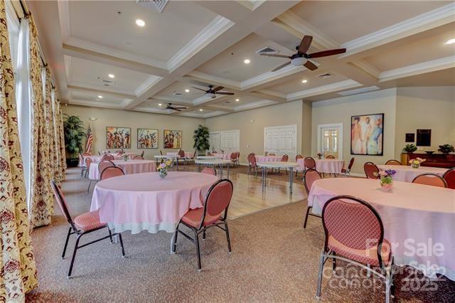 dining room featuring recessed lighting, coffered ceiling, visible vents, ornamental molding, and beamed ceiling