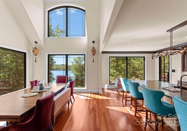 dining area with a water view, light wood-type flooring, plenty of natural light, and crown molding