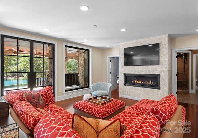 living room with a fireplace and hardwood / wood-style flooring