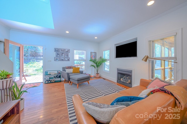 living room featuring hardwood / wood-style floors, a fireplace, recessed lighting, and crown molding