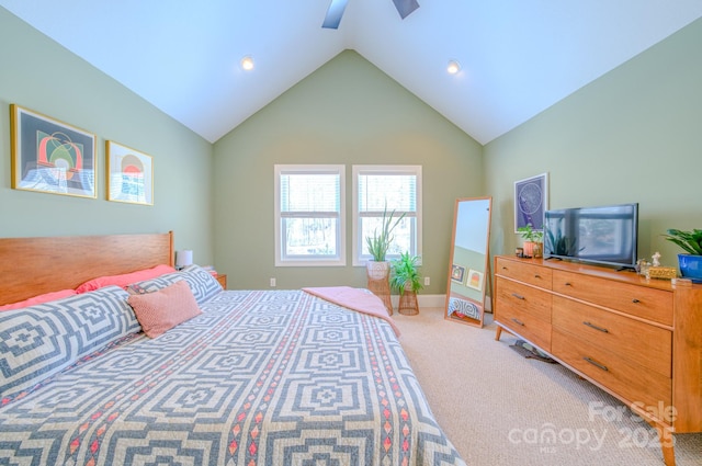 bedroom featuring vaulted ceiling, ceiling fan, carpet, and baseboards