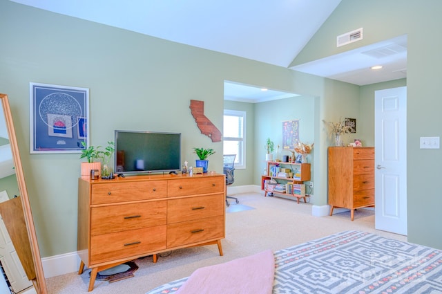 bedroom with light carpet, baseboards, visible vents, and lofted ceiling