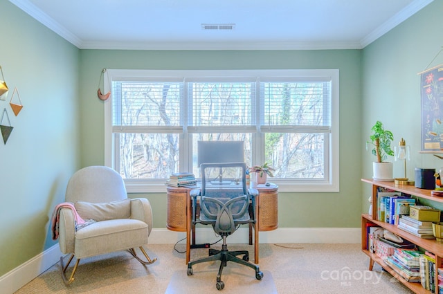 office featuring baseboards, crown molding, visible vents, and carpet flooring