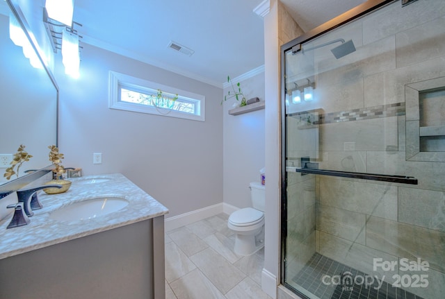 bathroom featuring crown molding, visible vents, toilet, a sink, and a shower stall