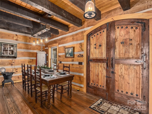 dining area featuring wood-type flooring, wooden ceiling, wood walls, and beam ceiling