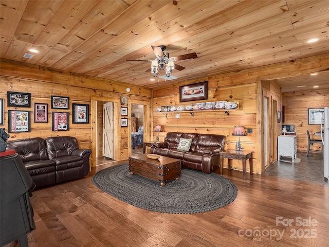 living area featuring visible vents, wood ceiling, ceiling fan, wood finished floors, and wood walls