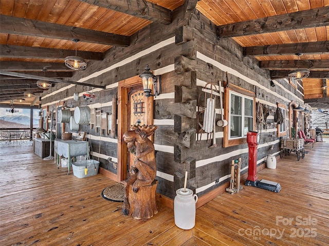 interior space with beamed ceiling, wooden ceiling, and hardwood / wood-style flooring