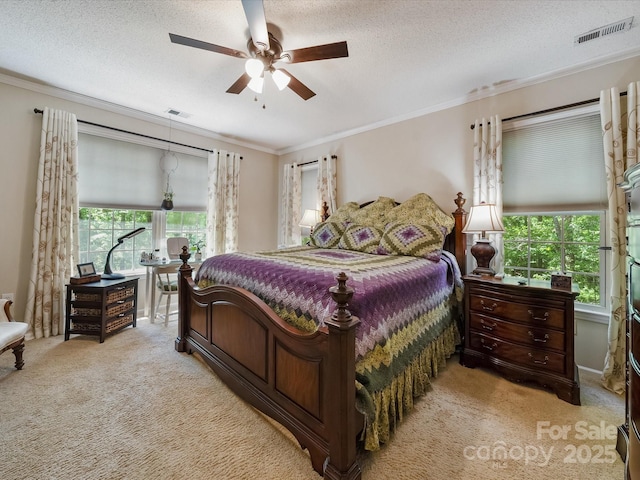 2988 Parks Lafferty Rd, Concord, NC 28025 - bedroom featuring light carpet, crown molding, a textured ceiling, and a ceiling fan
