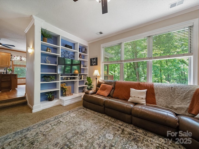 2988 Parks Lafferty Rd, Concord, NC 28025 - living room featuring a ceiling fan, a textured ceiling, carpet floors, and crown molding