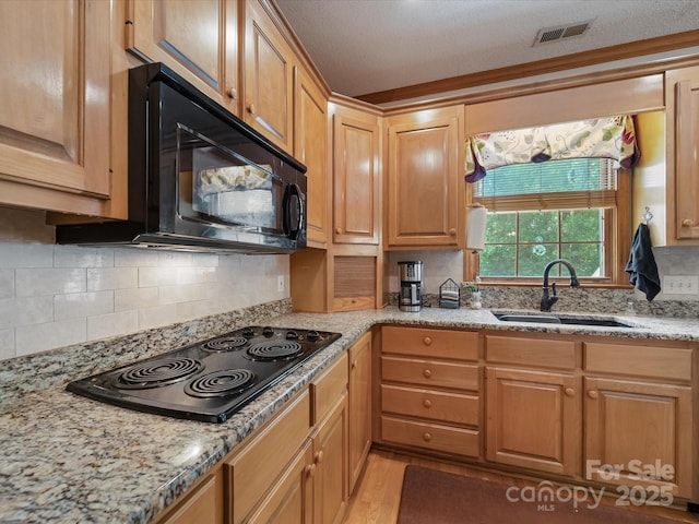 2988 Parks Lafferty Rd, Concord, NC 28025 - kitchen featuring a sink, black appliances, light stone countertops, tasteful backsplash, and a textured ceiling