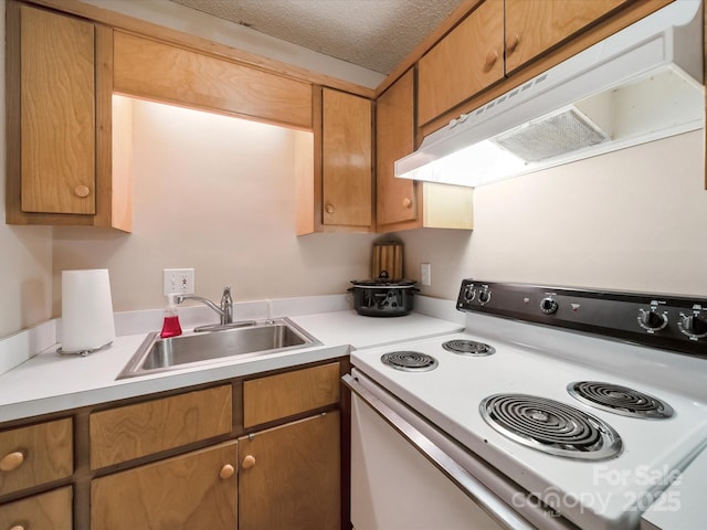 2988 Parks Lafferty Rd, Concord, NC 28025 - kitchen featuring white electric stove, under cabinet range hood, a sink, light countertops, and a textured ceiling