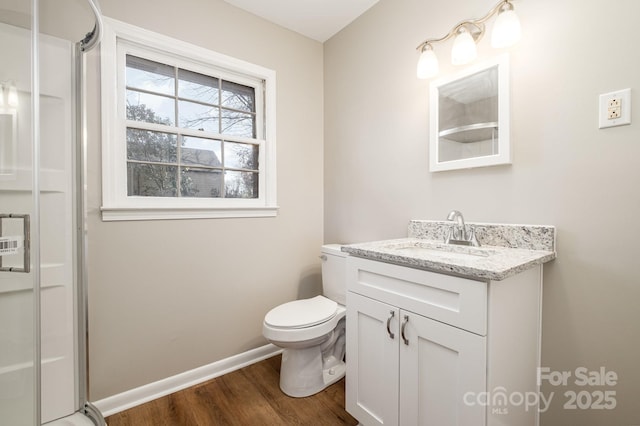 bathroom featuring toilet, vanity, and wood-type flooring