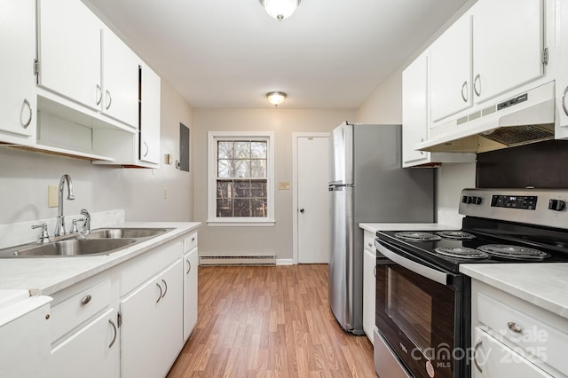 kitchen featuring light hardwood / wood-style floors, sink, a baseboard heating unit, stainless steel electric range oven, and white cabinets