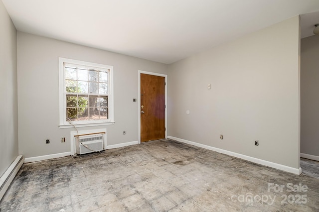 unfurnished room featuring baseboard heating and a wall mounted AC