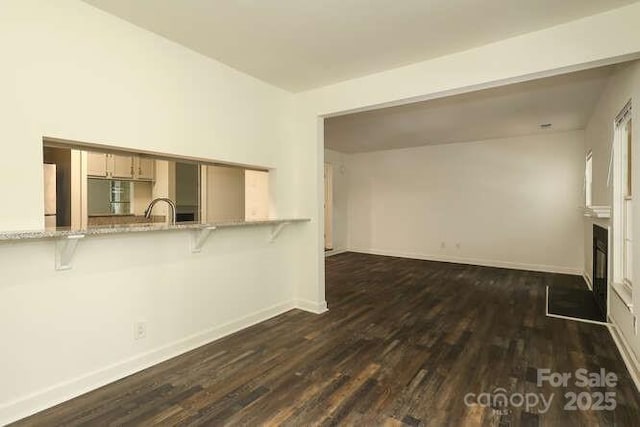 unfurnished living room with dark wood-type flooring and sink