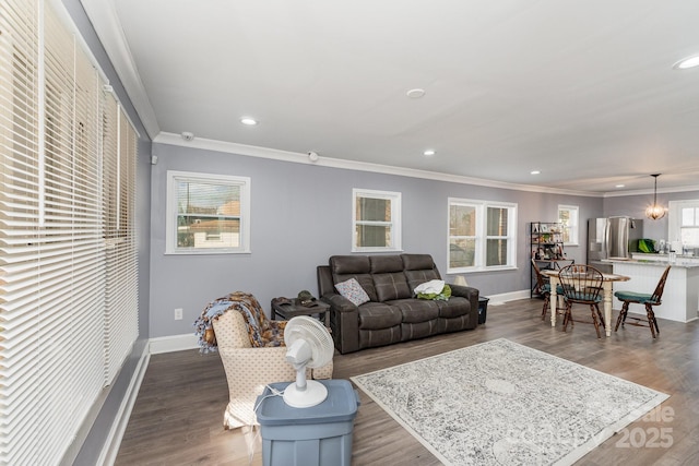 living room featuring hardwood / wood-style floors and crown molding