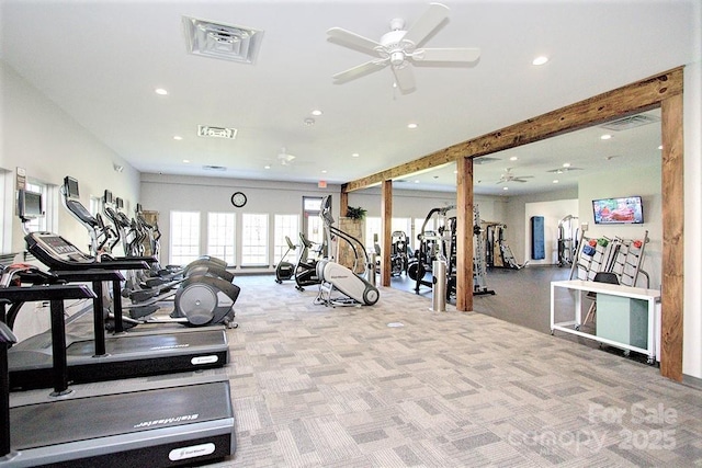 gym with recessed lighting, carpet, and visible vents