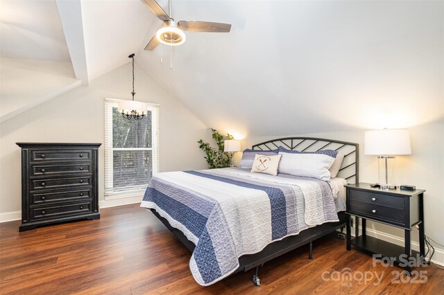353 Whippoorwill Rd, Mooresville, NC 28117 - bedroom featuring wood finished floors, vaulted ceiling, a chandelier, baseboards, and a ceiling fan