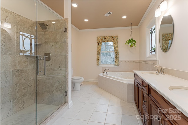 full bath featuring a sink, visible vents, ornamental molding, a shower stall, and a bath