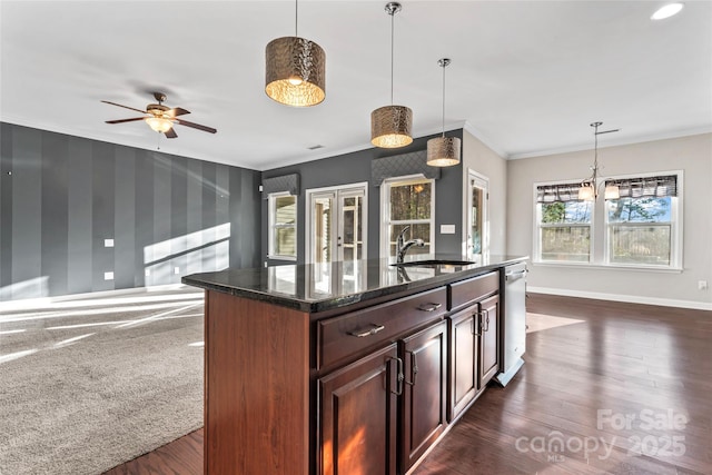 2439 Bergamot St, Fort Mill, SC 29708 - kitchen with baseboards, dishwasher, ornamental molding, and dark wood finished floors