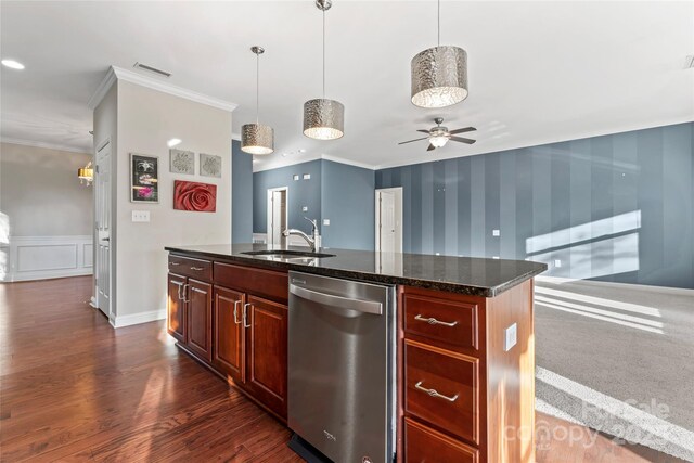 2439 Bergamot St, Fort Mill, SC 29708 - kitchen featuring visible vents, a ceiling fan, a sink, stainless steel dishwasher, and wallpapered walls