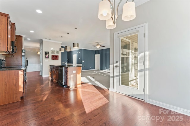 2439 Bergamot St, Fort Mill, SC 29708 - kitchen with a ceiling fan, dark wood finished floors, an island with sink, dishwasher, and open floor plan