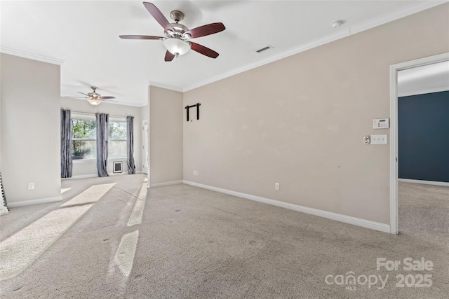 2439 Bergamot St, Fort Mill, SC 29708 - carpeted spare room with visible vents, baseboards, a ceiling fan, and ornamental molding