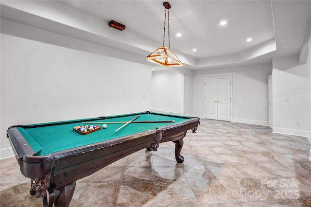 game room with recessed lighting, a raised ceiling, pool table, and baseboards