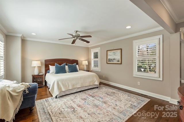 bedroom featuring visible vents, dark wood finished floors, and baseboards