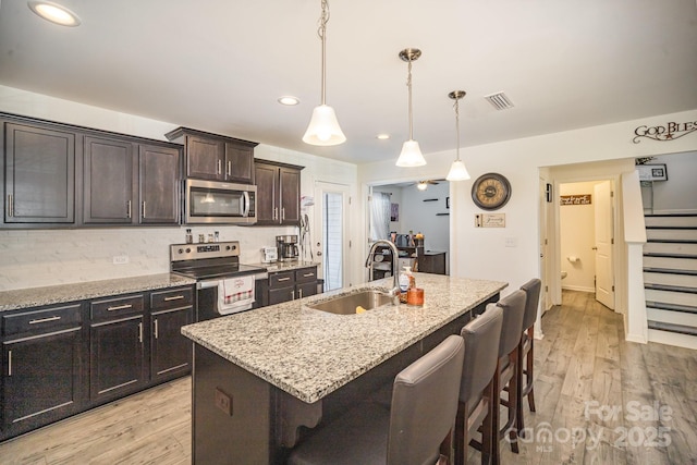 kitchen with stainless steel appliances, a breakfast bar, a sink, visible vents, and an island with sink